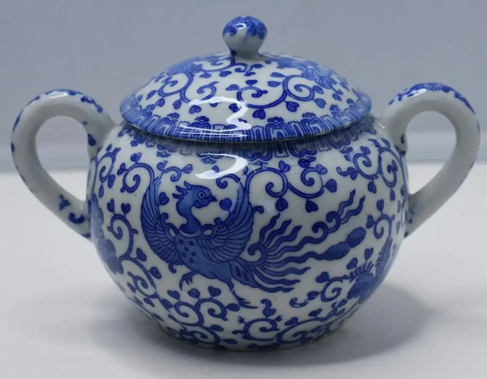 Vintage Blue & White Phoenix Fine Porcelain Sugar Lidded Bowl Japan